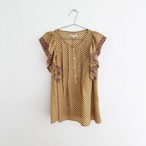 Max Studio V Neck Yellow Floral Printed Button Flutter Sleeve Top